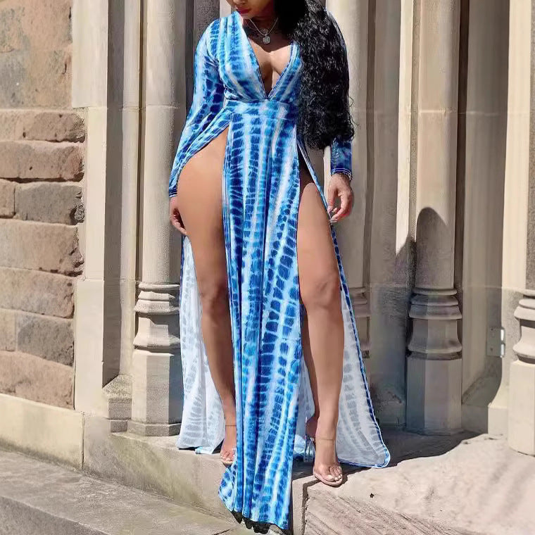 Plus Size Women Clothing Waist Tight Sexy Print High Slit Dress