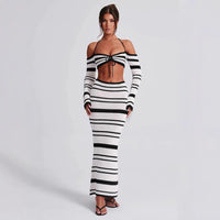 Sexy Women Summer Striped Long Sleeve Halter Top Skirt Two Piece Set for Women