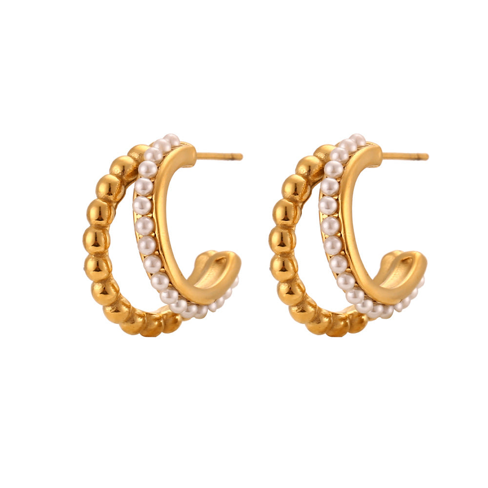 Double-Layer Bead Pearl C- Shaped Stud Earrings-Gold