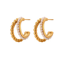 Double-Layer Bead Pearl C- Shaped Stud Earrings-Gold