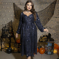 Plus Size Autumn Winter Sexy Women Clothing Dress Sequined Long Sleeve Halloween Dress