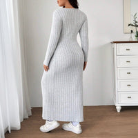 Plus Size Autumn Winter Women Simple Casual Dress Slim Fit Slit Midi Dress