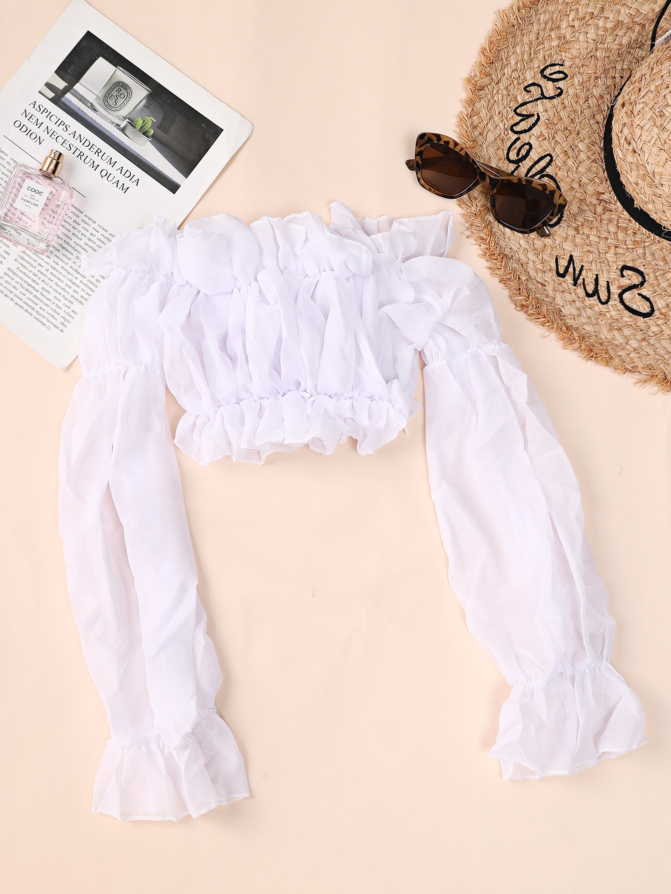 White Chiffon Long-Sleeved Shirt Wrinkle Blouse Beach Swimsuit Women