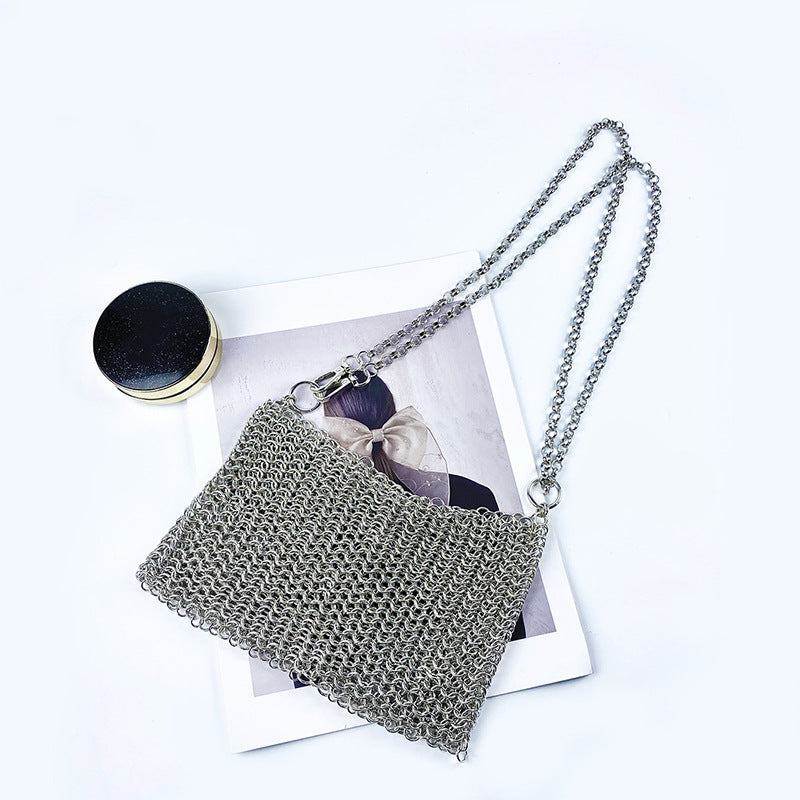 Shiny Buling Hand Woven Bag Metal Sequ Scale Hollow Out Cutout Bag Chain Crossbody Phone Bag