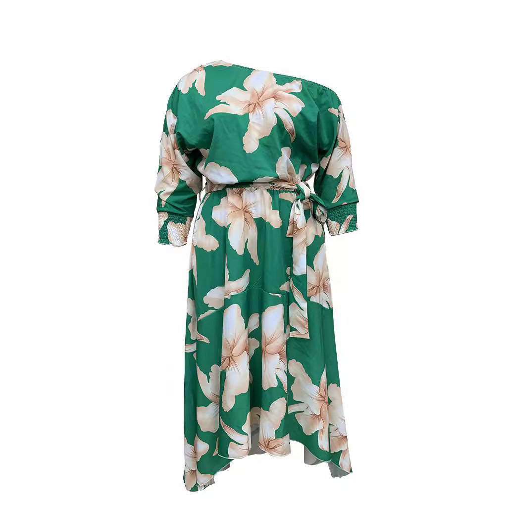 Plus Size Spring Summer Women Printed off Shoulder Elegant Dress