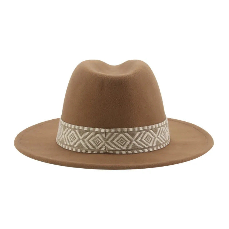 [Minimum order quantity is 2 pieces]Wide Brim Woolen Hat Jazz Flat Brim Woolen Hat Geometric Abstract Square Ribbon Felt Cap Retro Tibetan