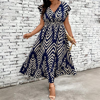 Plus Size Women Clothes Spring Summer Striped Dress Waist Tight Slimming Overknee Maxi Dress