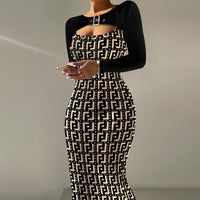 Plus Size Women Clothing Autumn Skinny Print False Two Piece Fishtail Dress