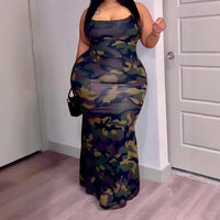 Plus Size Women Clothing Printed Sheath Spaghetti Strap Sling Dress