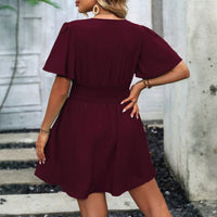 Plus Size Women Clothing Spring Summer Purplish Red Elegant Dress Waist Tight Tummy Hiding Short Dress