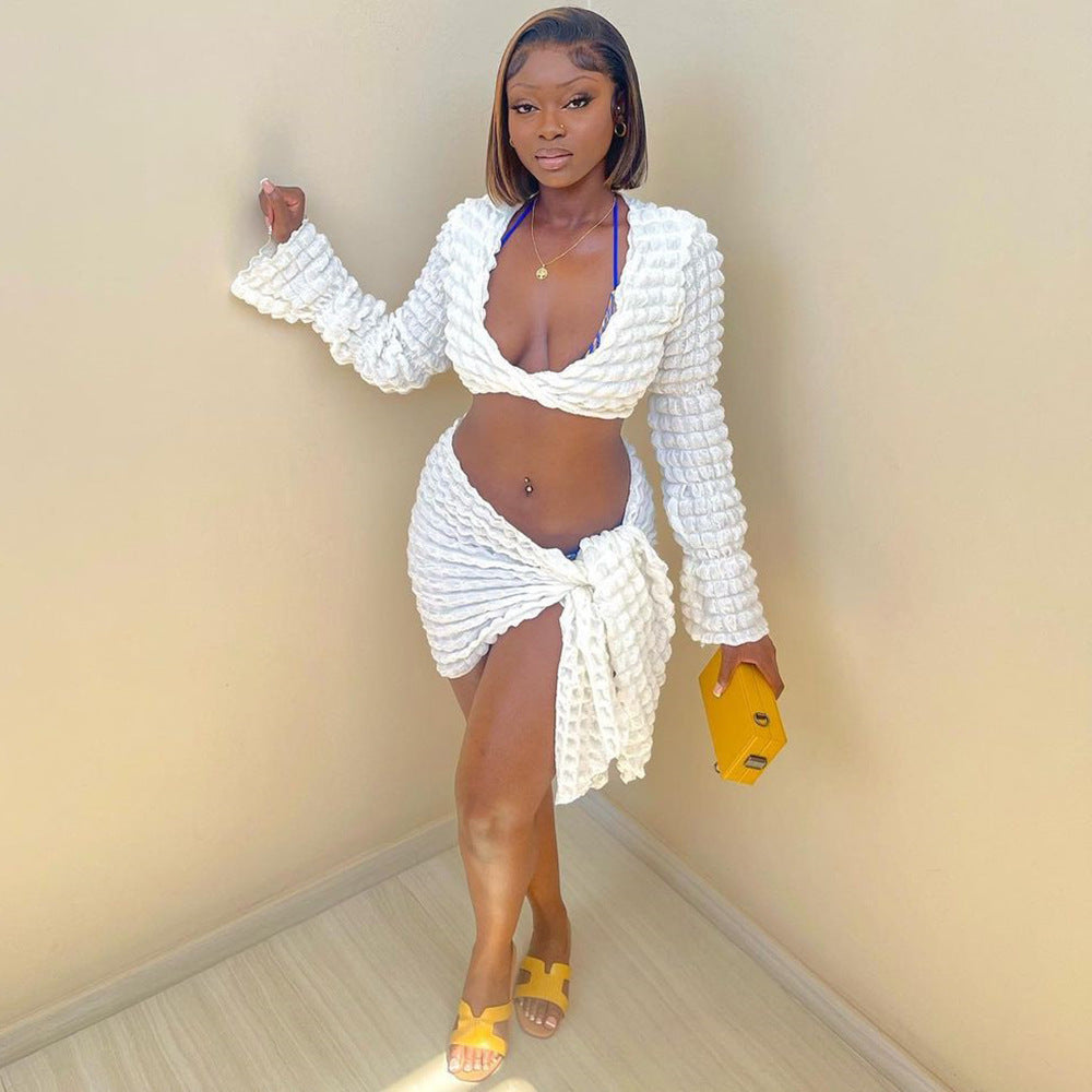 Women Streetwear Hollow Out Cutout Out cropped Bubble Set Rope Long Sleeve Short Dress Two Piece Set