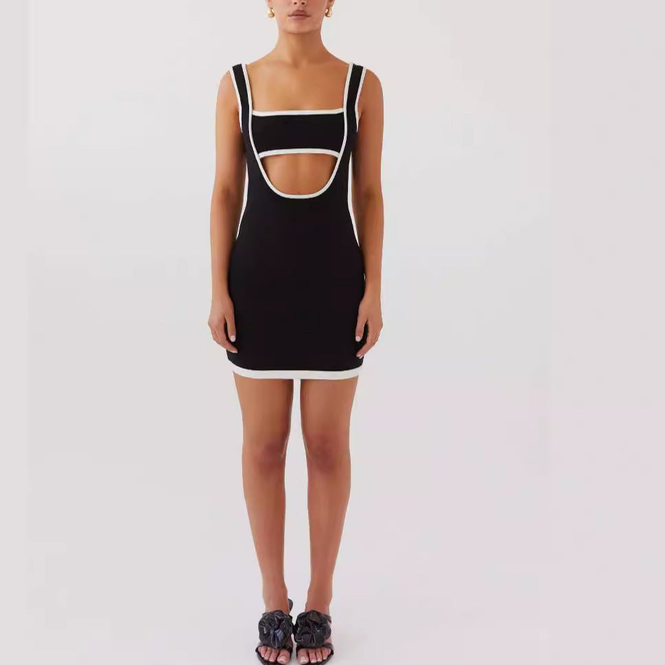 Square Collar Hollow Out Cutout out Woolen Sling Dress Backless Sexy Hip Dress