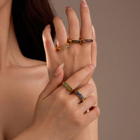 French Vintage Simple Inlaid Natural Stone Exquisite Elegant Stainless Steel Ring Rings All Match Jewelry Women