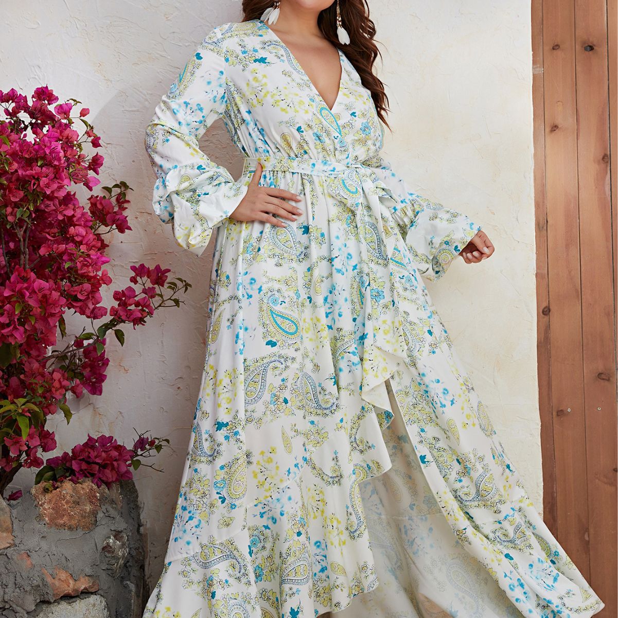 Plus Size Maxi Dress Women Chiffon V Neck Long Sleeve Dress Split Print Casual Maxi Dress