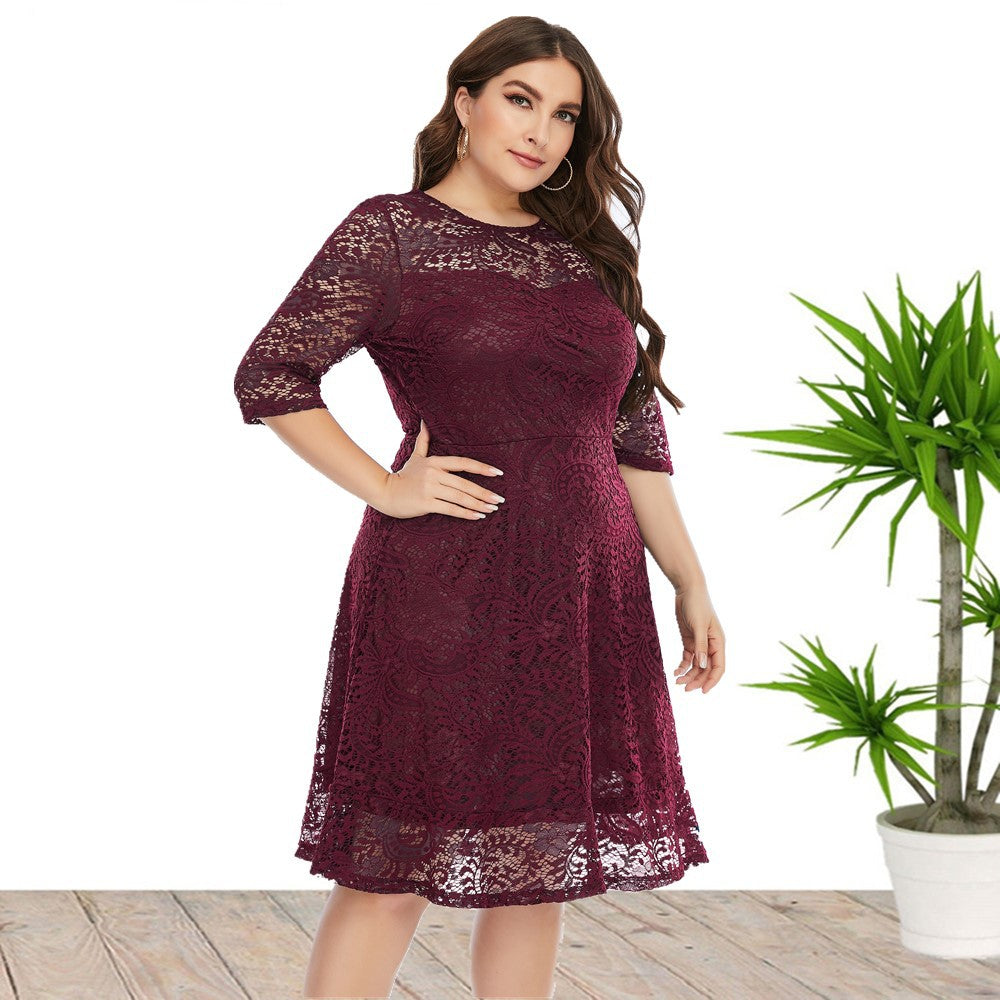 Plus Size Spring Summer Women Clothes round Neck Lace Dress Mid-Length Formal Dress