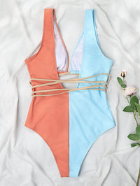 Color Matching Waist Hollow Out Cutout out Tied One-Piece Backless Sexy Bikini Swimsuit Swimwear Women