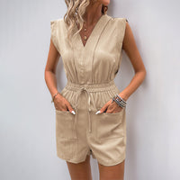 Summer Jumpsuit Tied V neck Solid Color Romper