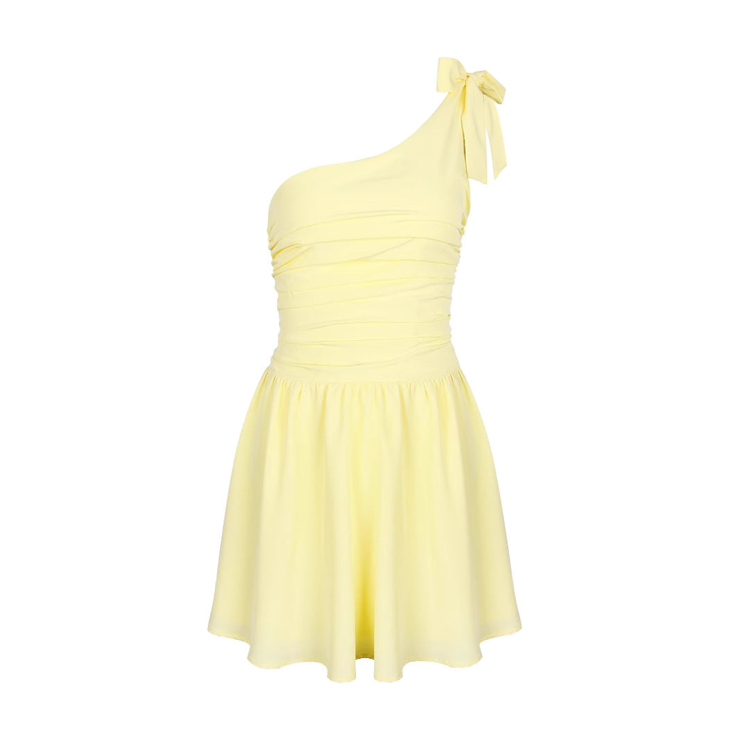 Women Wear Oblique Shoulder Bow Pleated Slim Summer Dress Women Yellow Sweet Spicy Dress