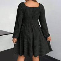 Plus Size Autumn Winter Women Clothing Square Collar Long Sleeve Waist Mini Fleece Sunken Stripe Dress