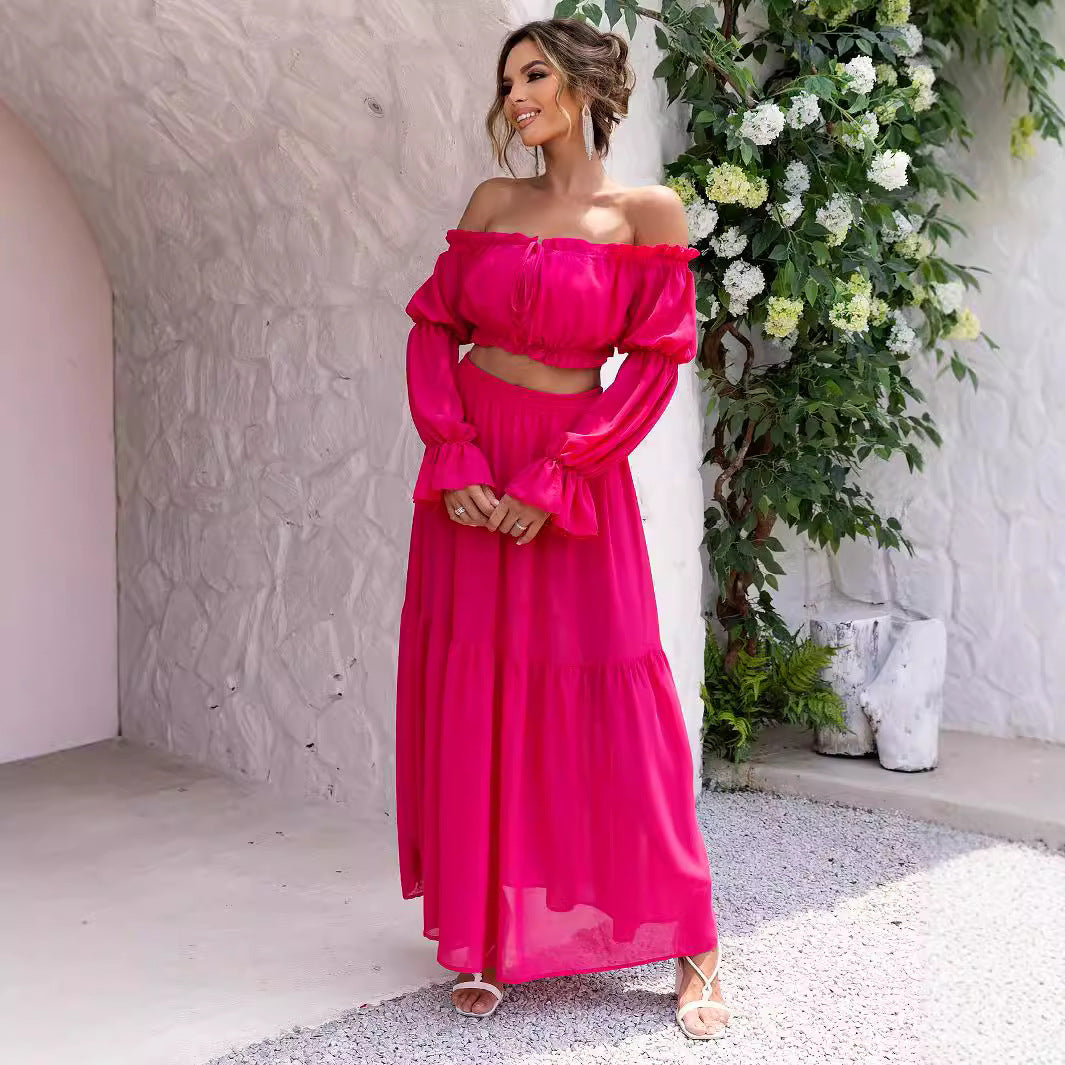 Solid Color Sexy Long Sleeved Off Shoulder Skirt Two Piece Set