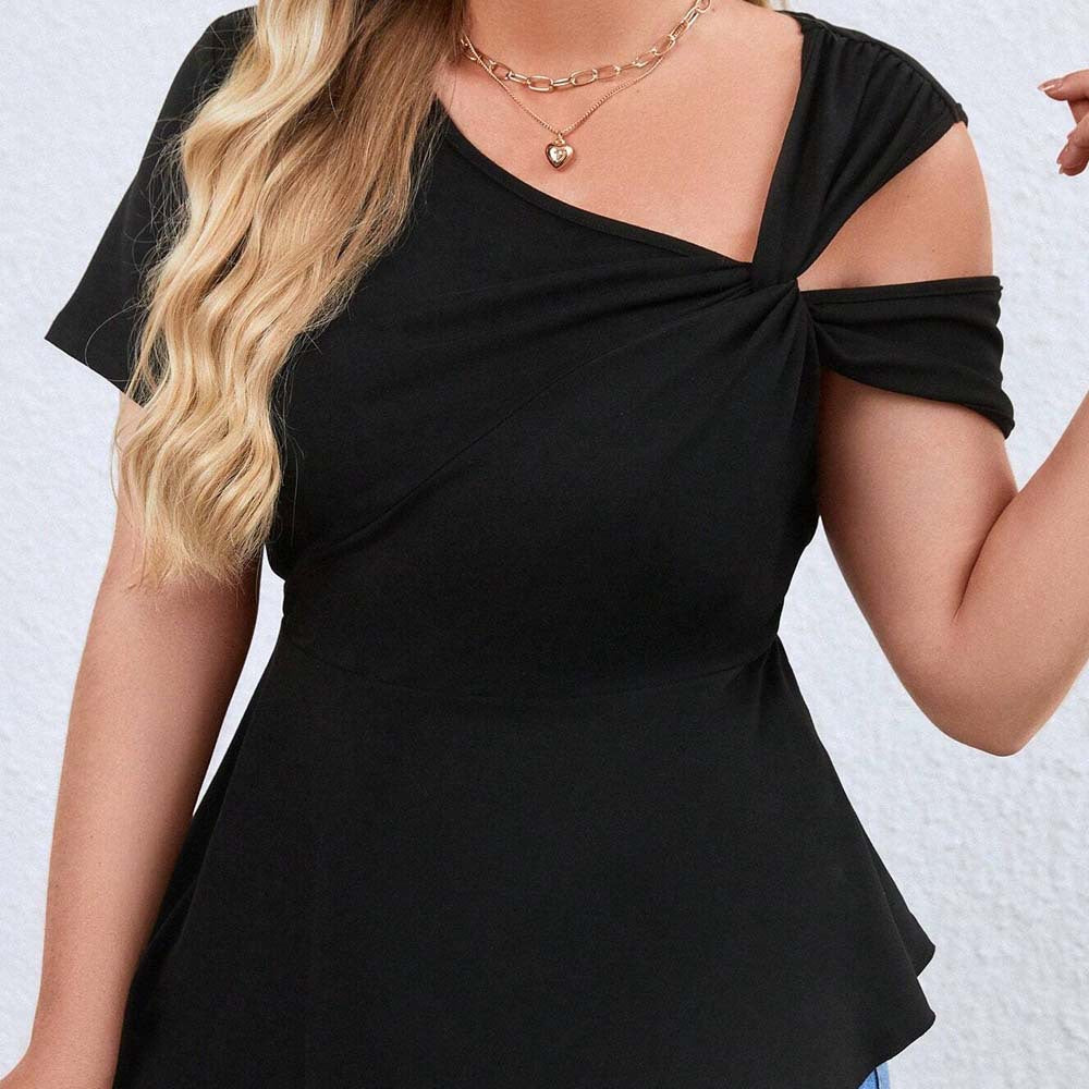Plus Size Women Sexy off Shoulder Diagonal Collar T shirt Summer Pullover Solid Color Short Sleeve Top