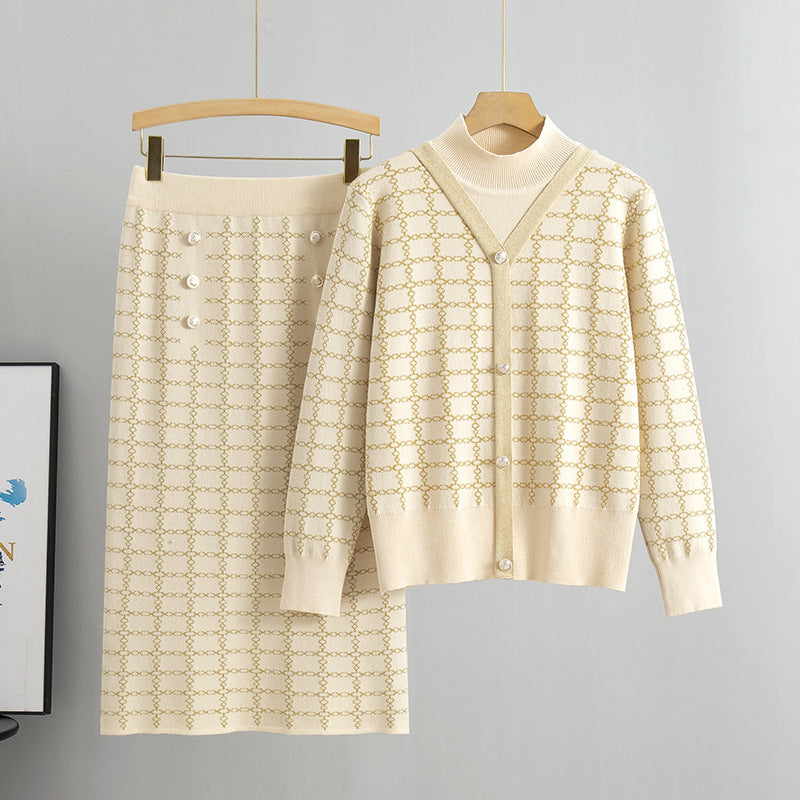 Long Sleeve Knitted Dress Two Piece Women Autumn Winter French High Sense Sheath Skirt Sets