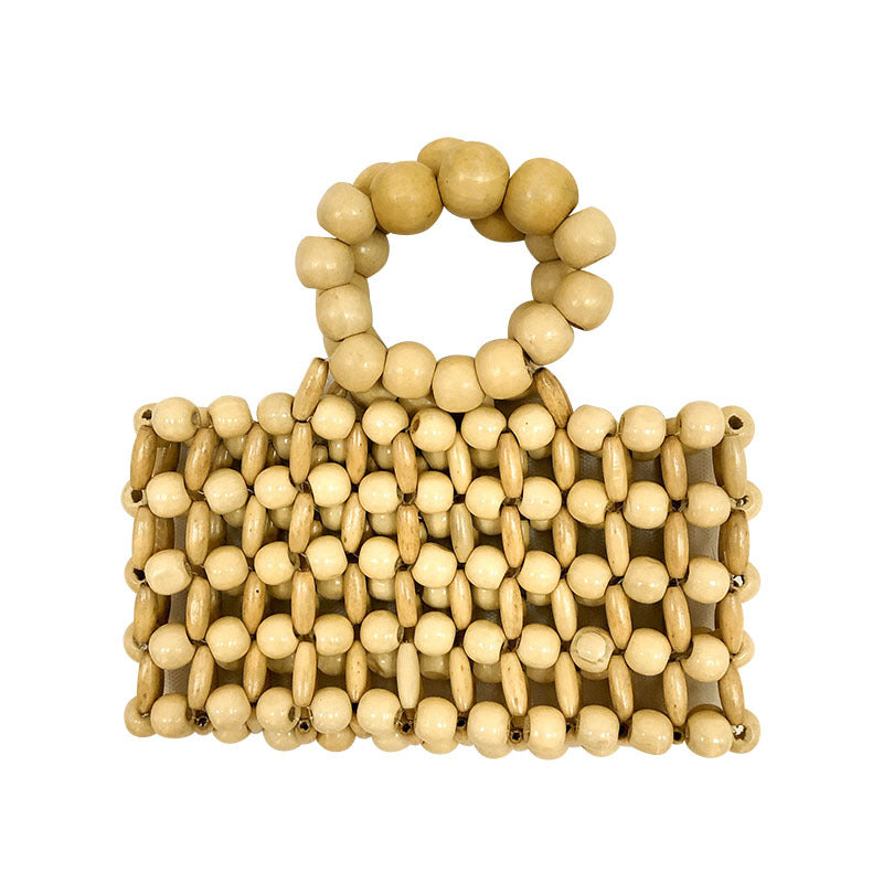 Retro Hand Woven Clutch Natural Wooden Bead Handbag Transparent Beach Cubic Bag