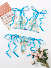 Printed Pattern Bikini Blue Bow Sexy Lingerie Tie Strap