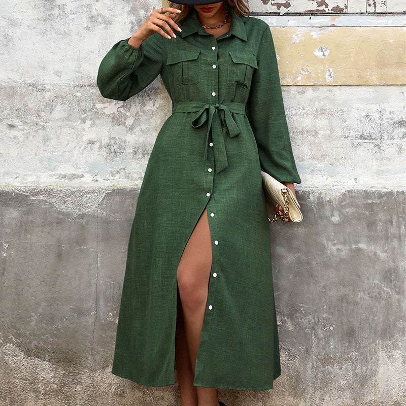 Fall Women Clothing Turn down Collar Green Long Sleeve Solid Color Dress