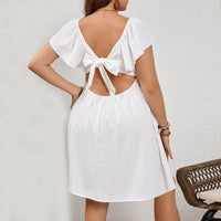Plus Size Women Square Collar Ruffle Sleeve Backless Strap Casual Holiday Solid Color Dress