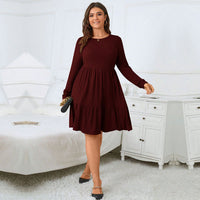 Plus Size Women Elegant Wine Red Dress Autumn Winter All Match Office Midi Dress