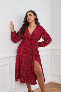 Plus Size Swing Artistic Red Dress Cotton Office Polka Dot Long Sleeve Women Clothing