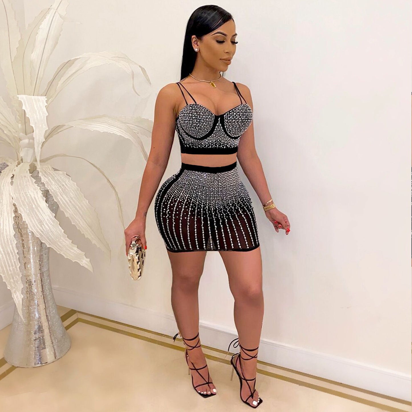 Diamond Wrapped Chest Strap Two Piece Set Two Color Nightclub Uniforms