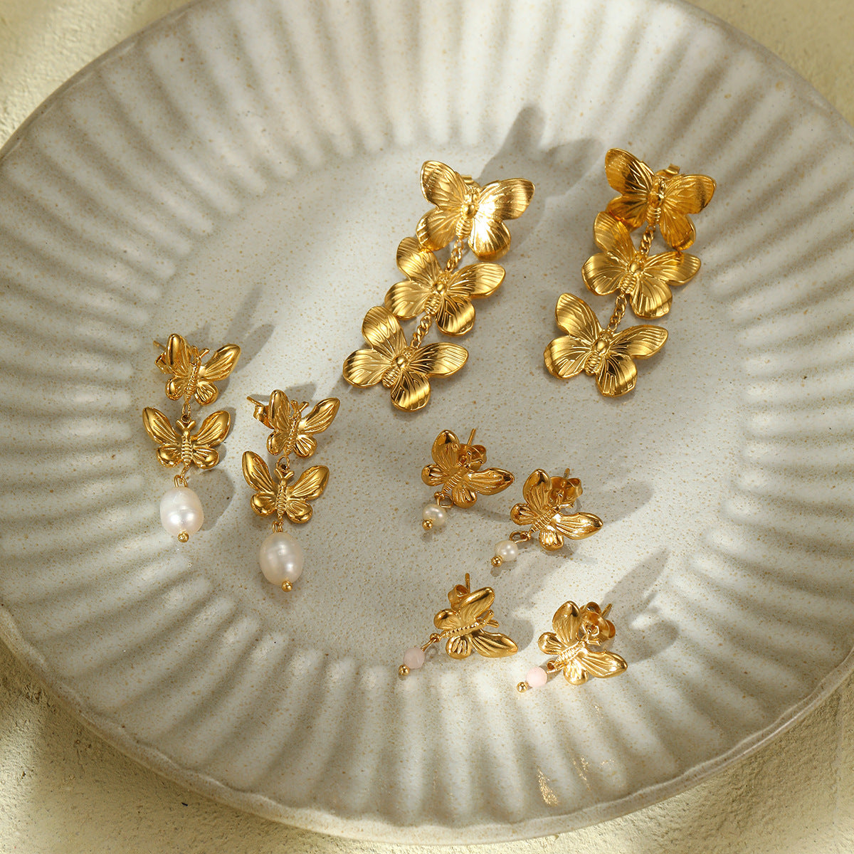 Pearl Butterfly Tassel Titanium Steel Earrings Fashionable All Match Light Luxury High Sense Stainless Steel Studs