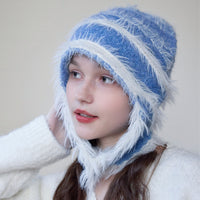 Striped Plush Pile Heap Cap Women Autumn Winter Warm Casual Face Slimming Knitted Hat Toque Trendy