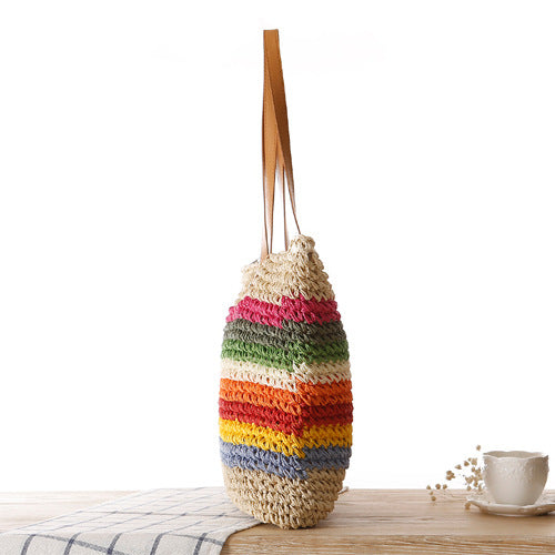 Rainbow Contrast Striped One-Shoulder Straw Bag Beach Bag Mori Women Bag Casual Bag