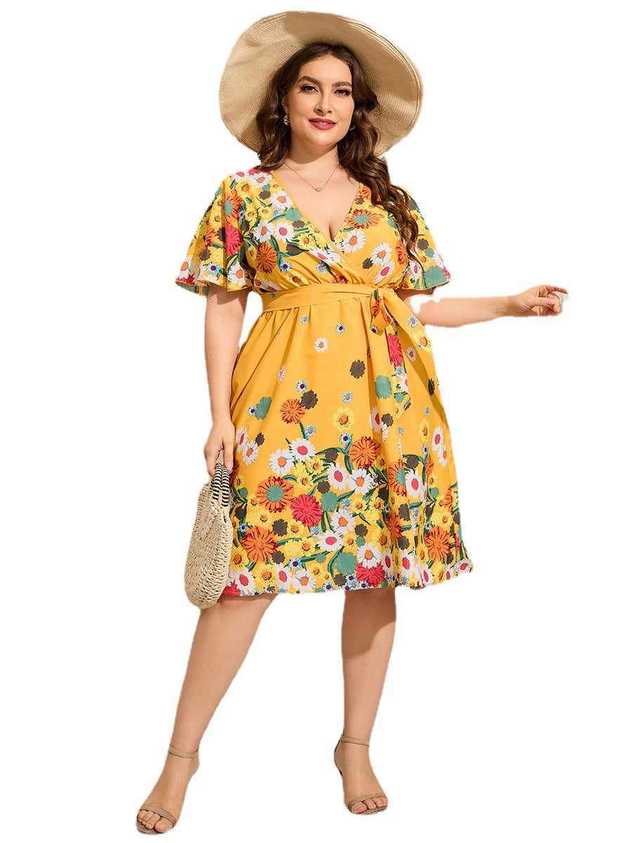 Plus Size Ladies V-neck Short-Sleeved Lace Printing Casual Holiday Mid-Length Dress