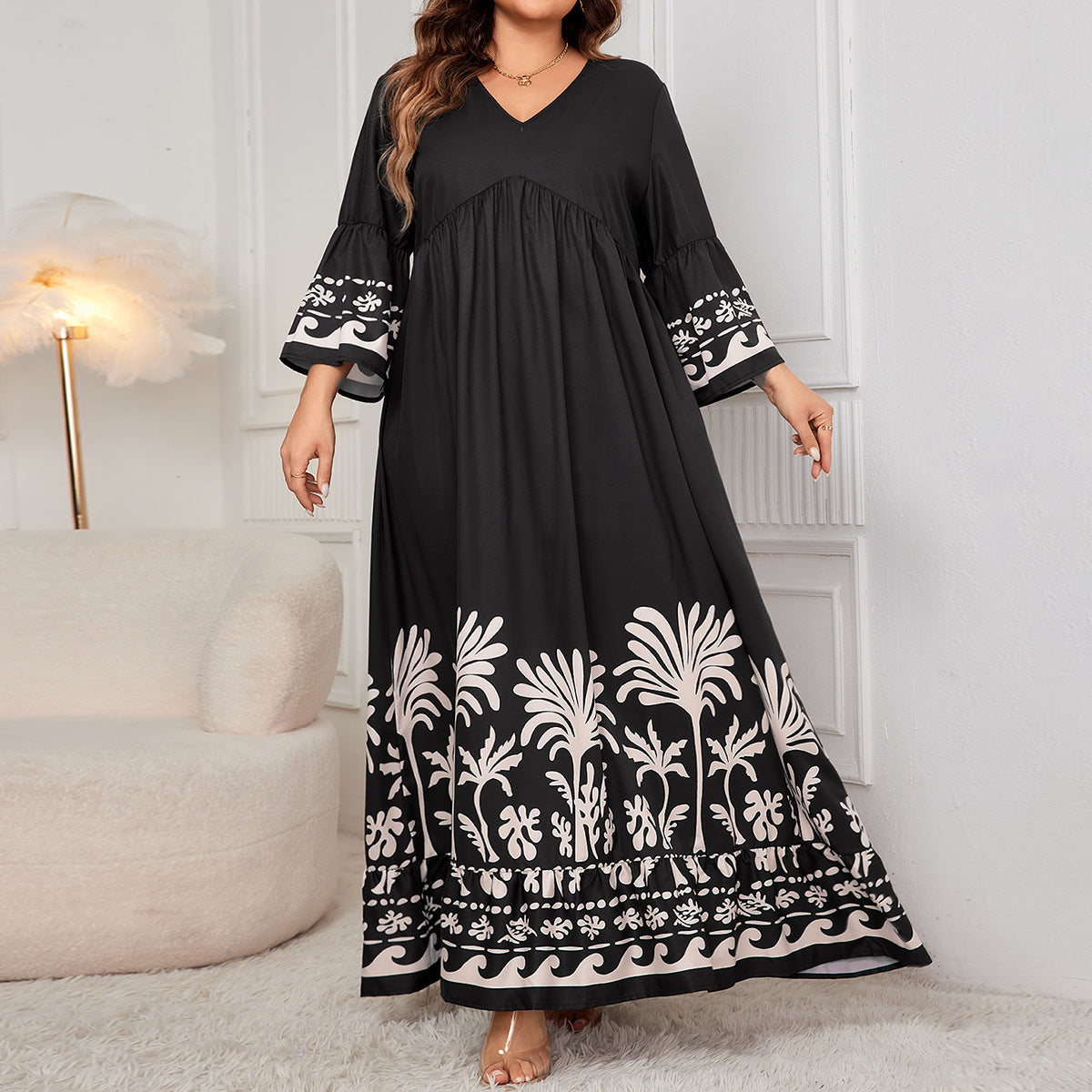 Plus Size Sleeve Loose Dress Elegant V neck Printed Maxi Dress Women