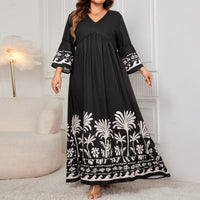 Plus Size Sleeve Loose Dress Elegant V neck Printed Maxi Dress Women