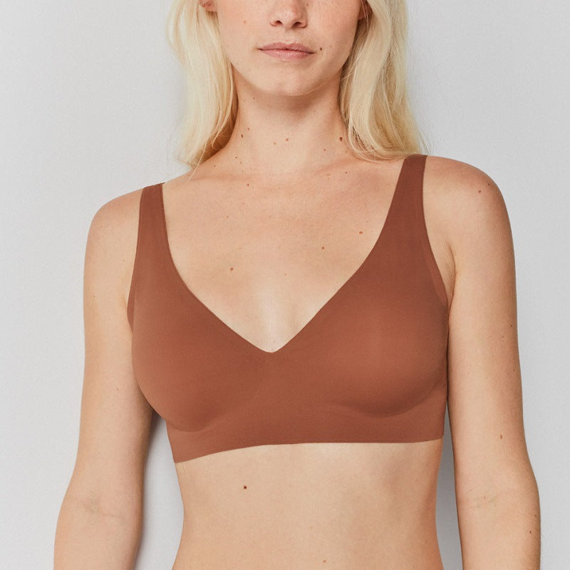 Seamless Underwear V neck Non Steel Ring Big Breast Detachable Chest Pad Thin Soft Support Comfortable Bra