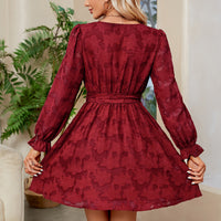 Lace Cocktail Party V Neck Wedding Guest Dress Long Sleeve Waist Belt Dress
