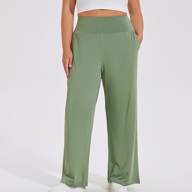 Plus Size Pocket High Waist Hip Lifting Yoga Trousers Outdoor Wide Leg Fitness Pants Nude Slimming Sports Flared Pants