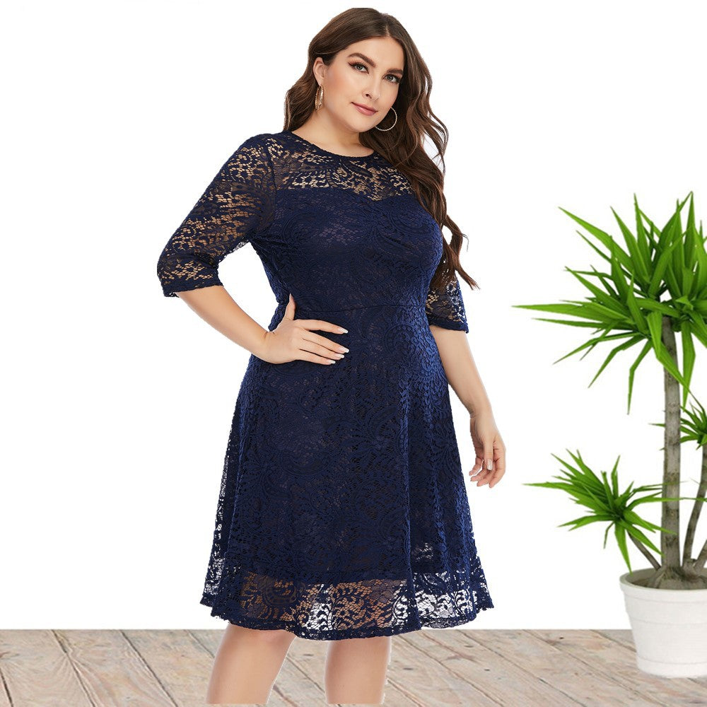 Plus Size Spring Summer Women Clothes round Neck Lace Dress Mid-Length Formal Dress