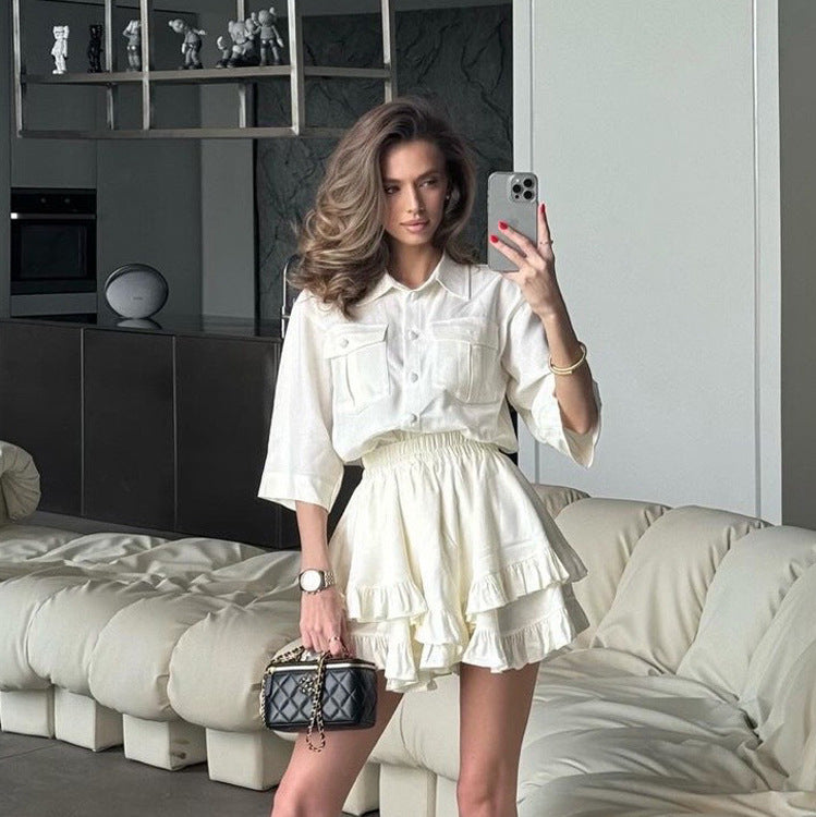Collared Shirt Elegant Ruffle Tiered Skirt Short Sleeved Shirt Two Piece Set for Women