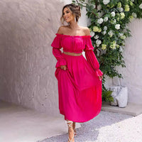 Solid Color Sexy Long Sleeved Off Shoulder Skirt Two Piece Set