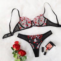 Pink Love Embroidered Transparent Black Mesh Sexy Suit