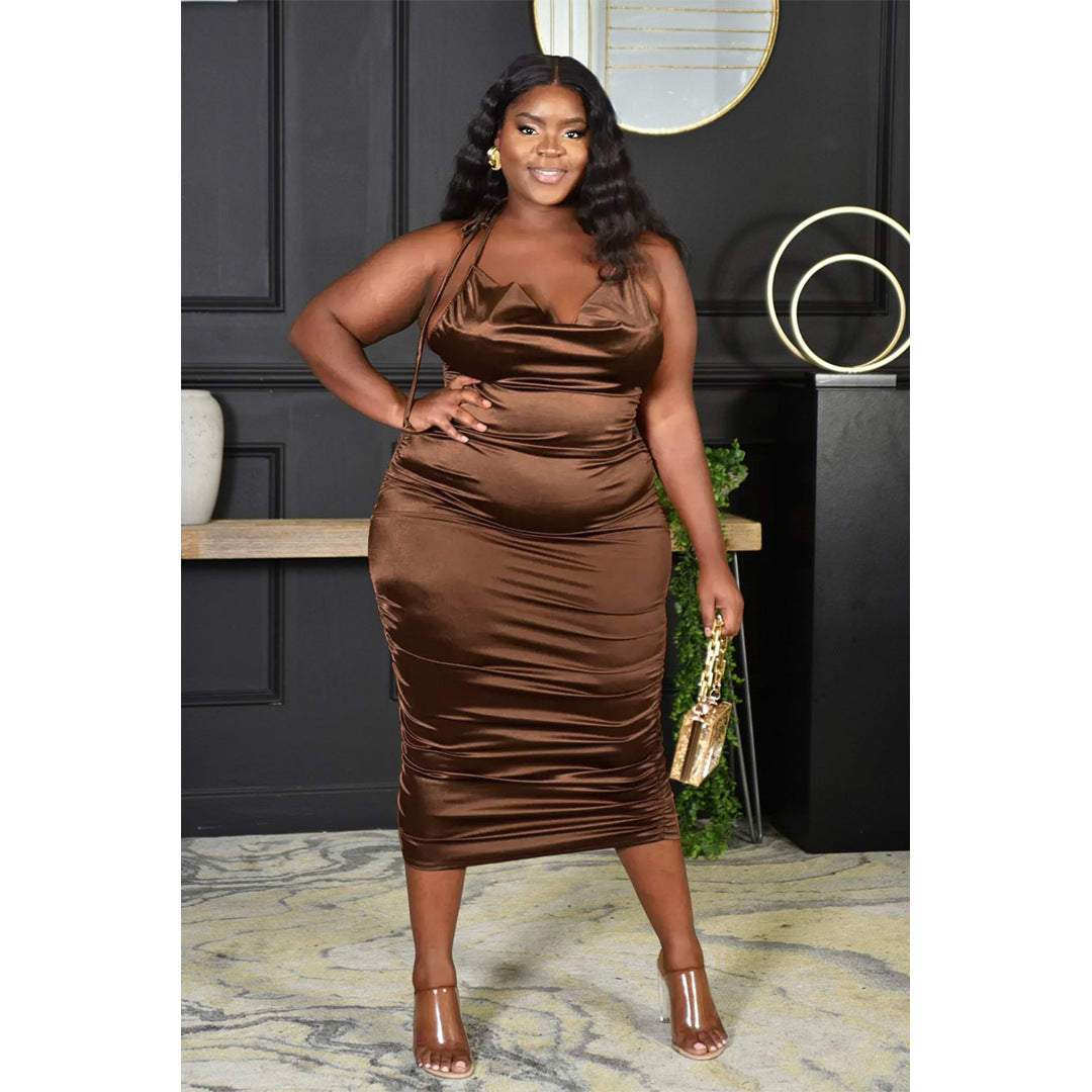 Plus Size Women Nightclub Halter Lace-up Pleated Zipper Glossy Dress