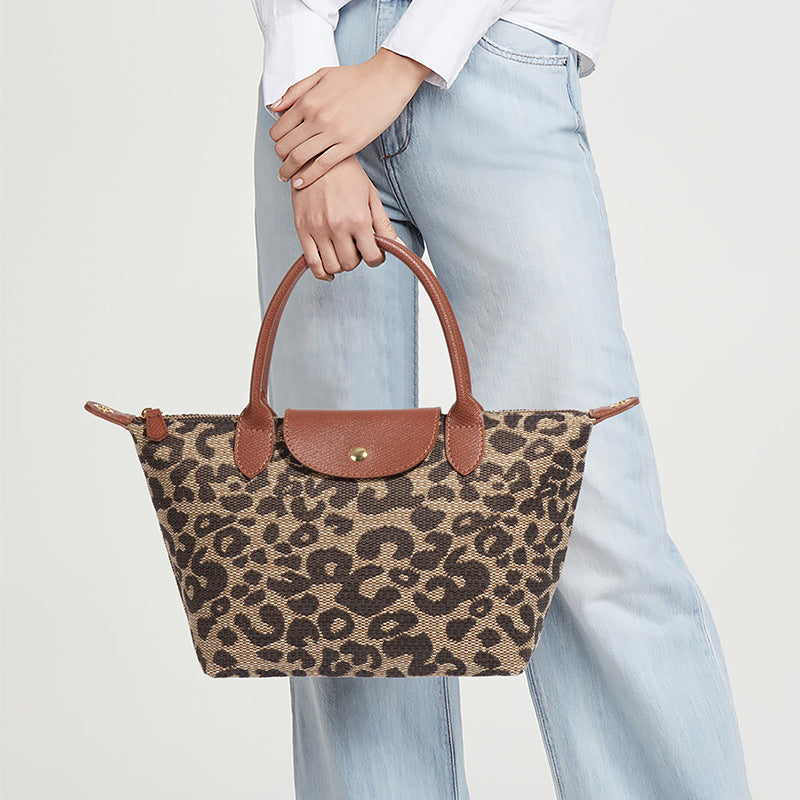 Leopard Print Dumpling Bag Women Trendy Hand Carrying Bag Large Capacity Casual All Match Shoulder Bag Cotton Linen High Quality Crossbody Bag
