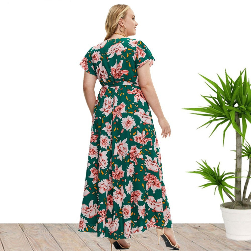 Plus Size Women Clothes Summer Short Sleeve Floral Print Slit Dress