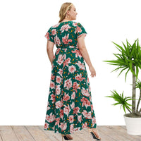 Plus Size Women Clothes Summer Short Sleeve Floral Print Slit Dress